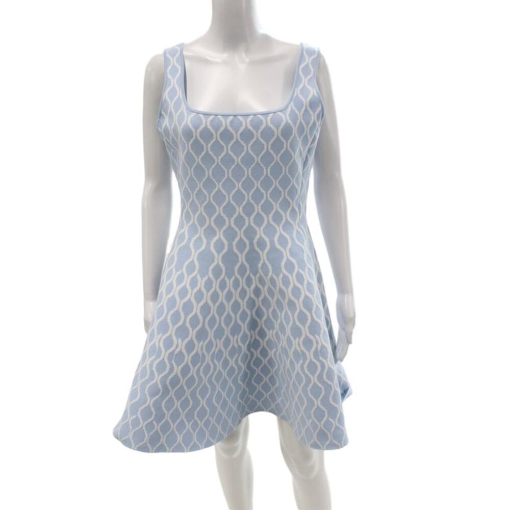 Maje Women A-Line Dress Blue Square Neck Sleeveless Geometric Polyester Size 42